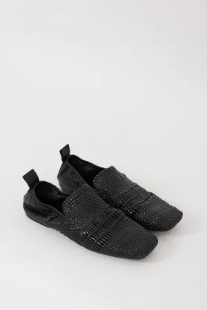 Black Leather Woven Square Toe Loafer