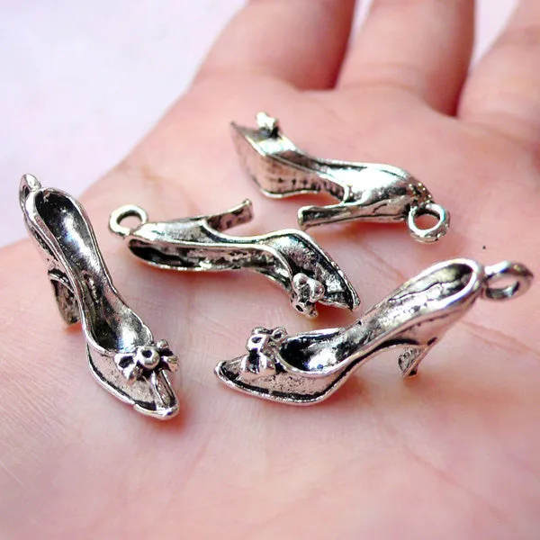 CLEARANCE High Heel Charms 3D Miniature Shoe Charms (4pcs / 25mm x 12mm / Tibetan Silver) Lady Fashion Charm Bracelet Earring Party Wine Charm CHM1170