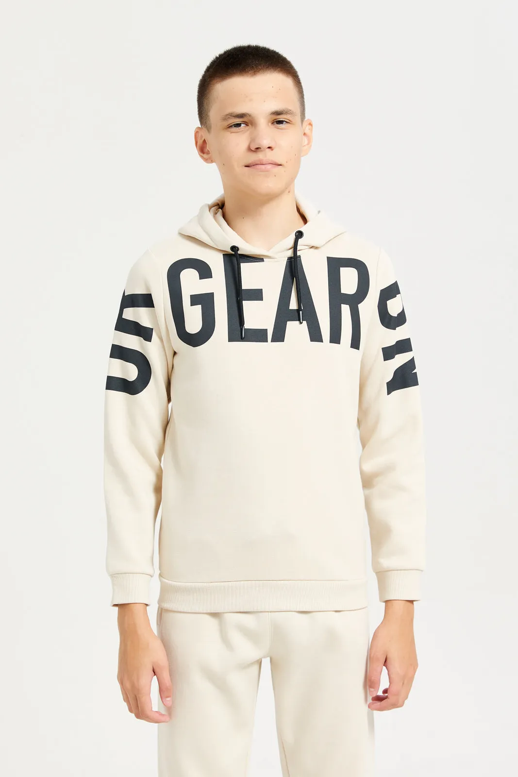 Senior Boys Beige Printed Hooded Sweatshirt