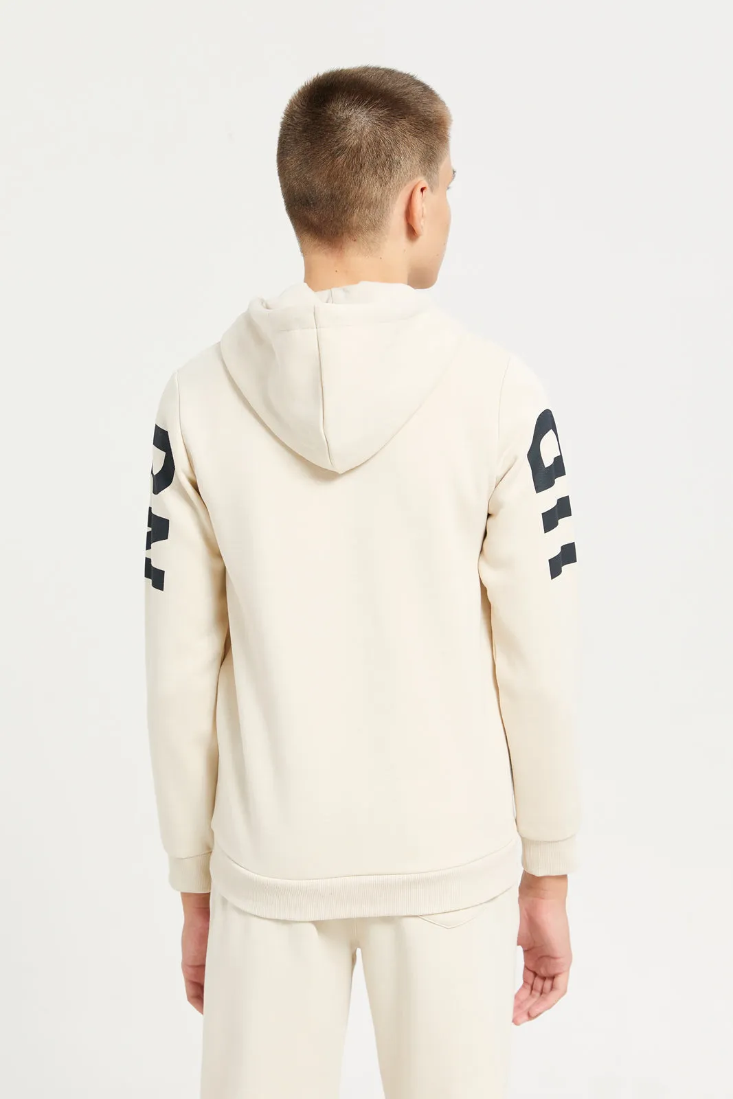 Senior Boys Beige Printed Hooded Sweatshirt