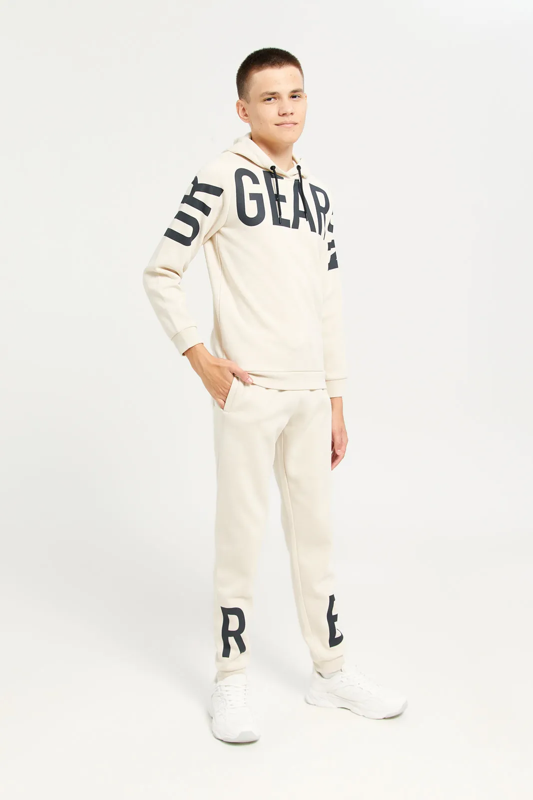 Senior Boys Beige Printed Hooded Sweatshirt