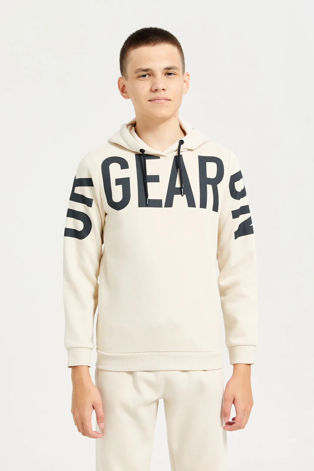 Senior Boys Beige Printed Hooded Sweatshirt