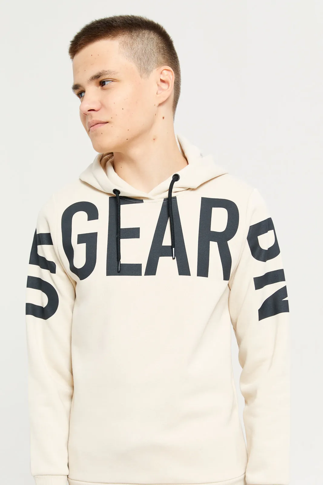 Senior Boys Beige Printed Hooded Sweatshirt