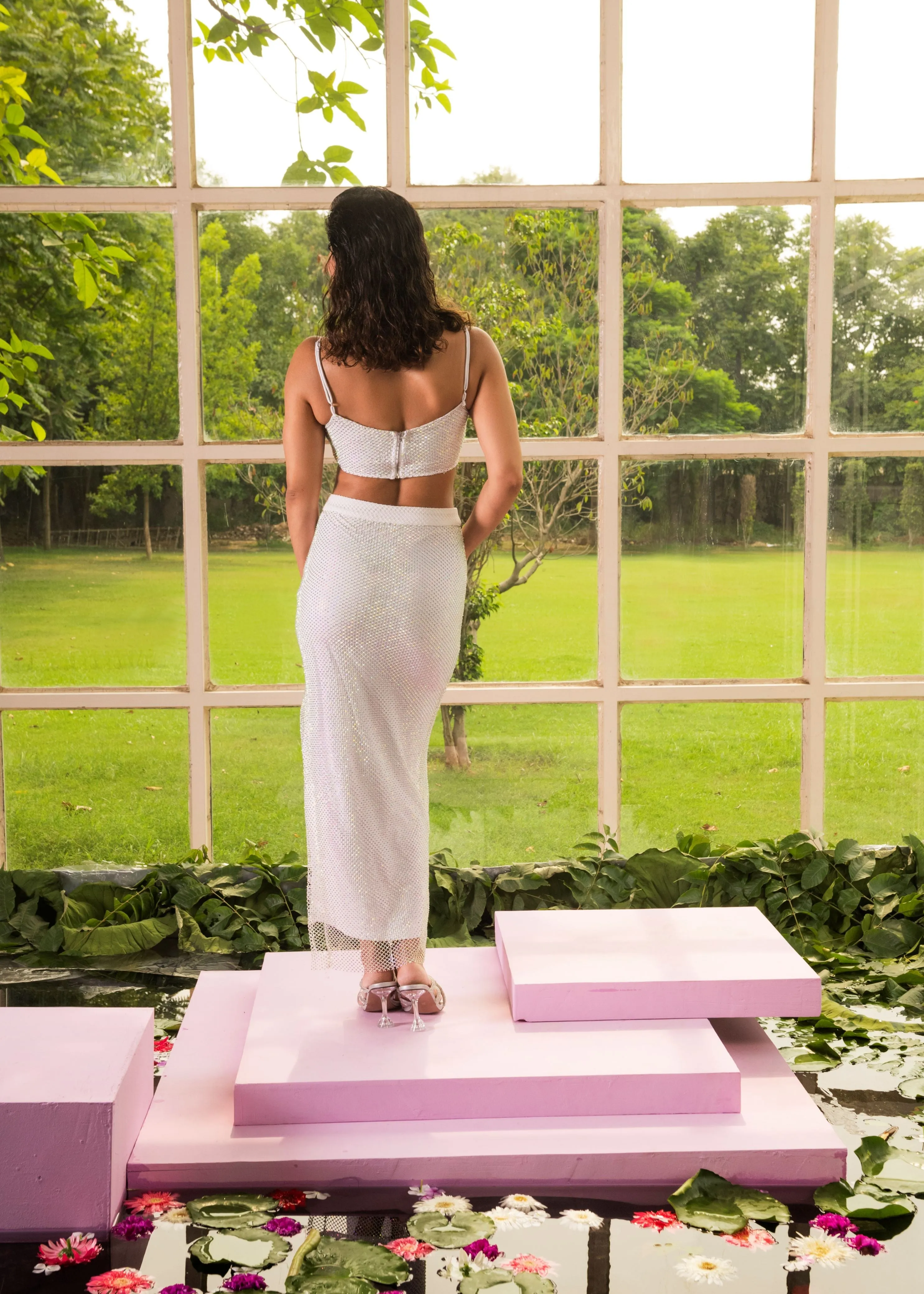 Violette White Crystal Mesh Coord Set