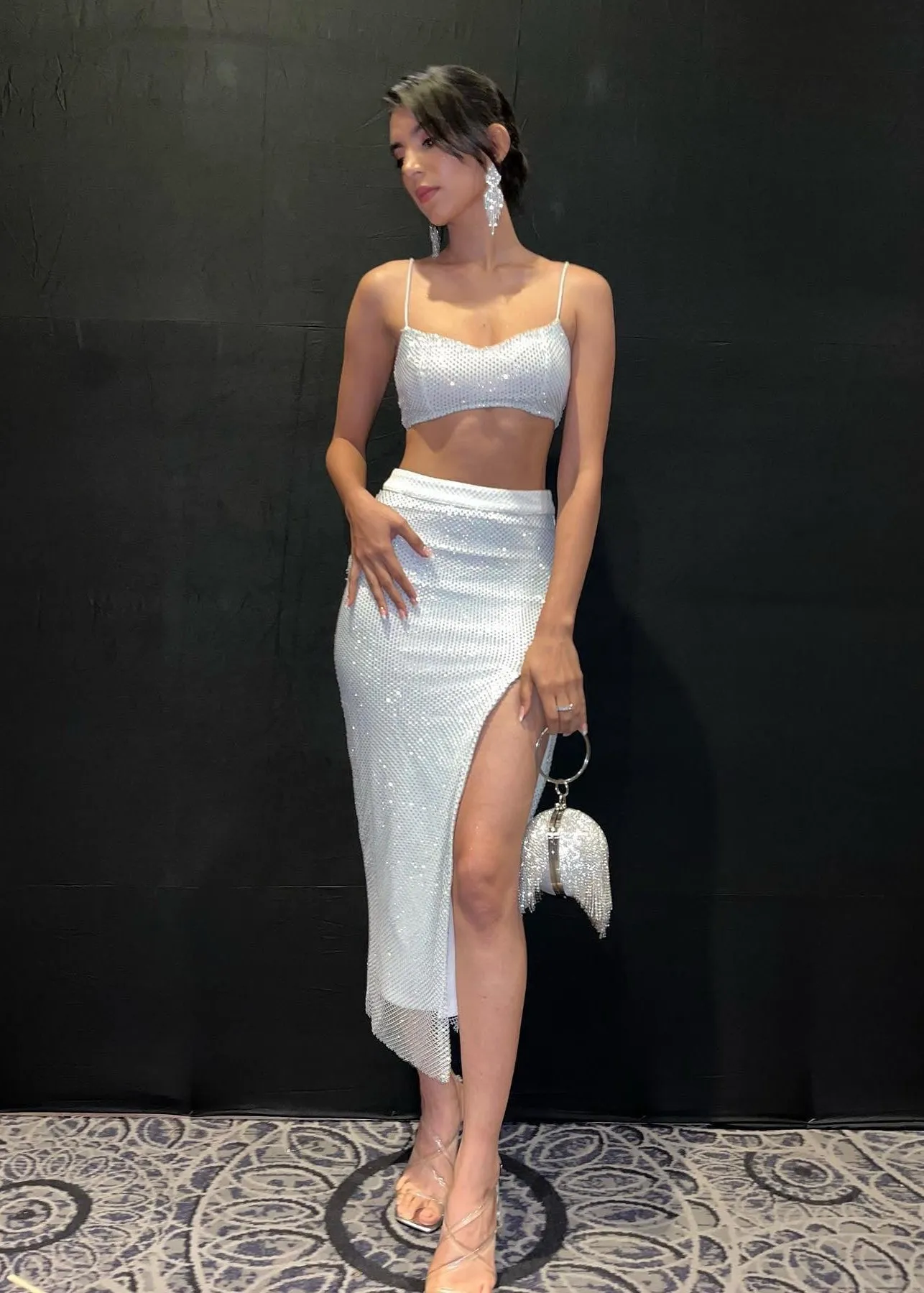 Violette White Crystal Mesh Coord Set