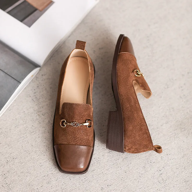 Women Retro Leather Square Head Casual Loafers