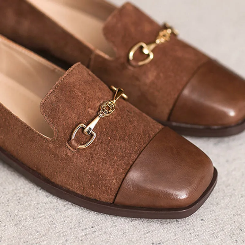 Women Retro Leather Square Head Casual Loafers