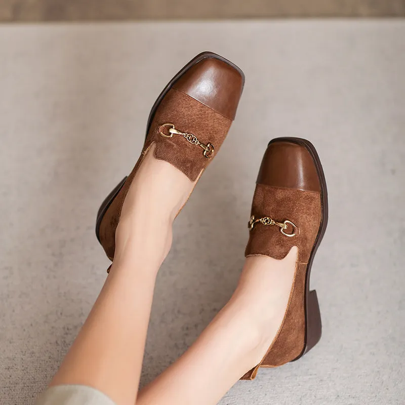 Women Retro Leather Square Head Casual Loafers