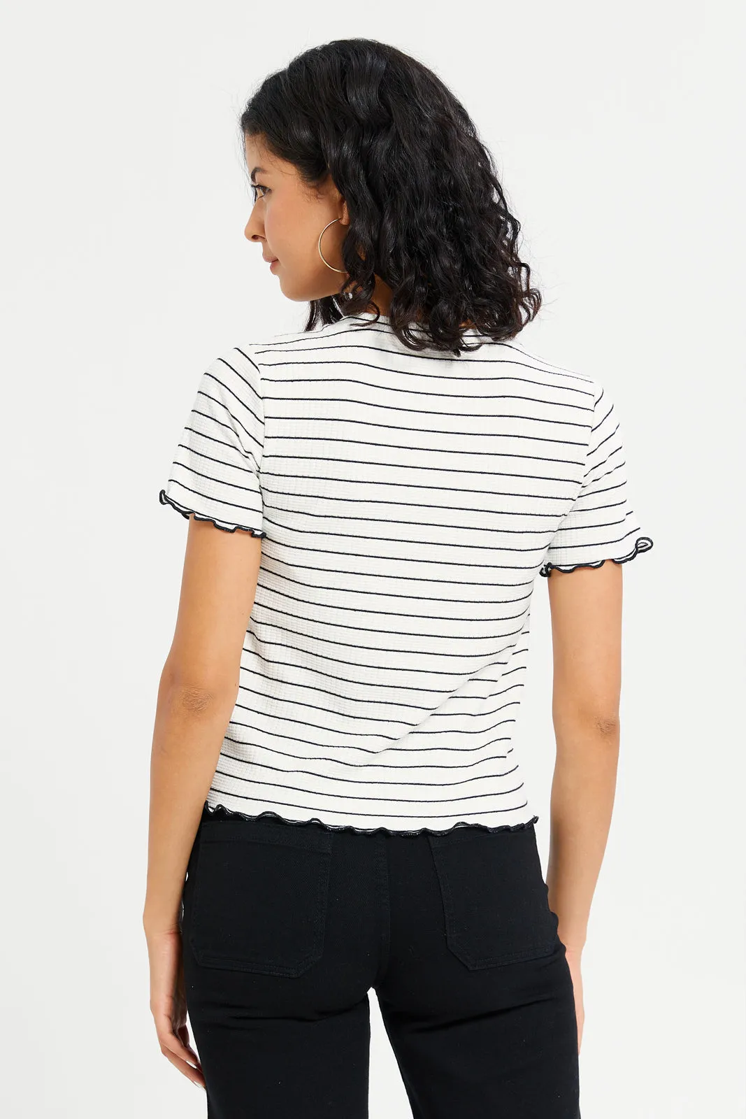 Women White Stripe Rib T-Shirt