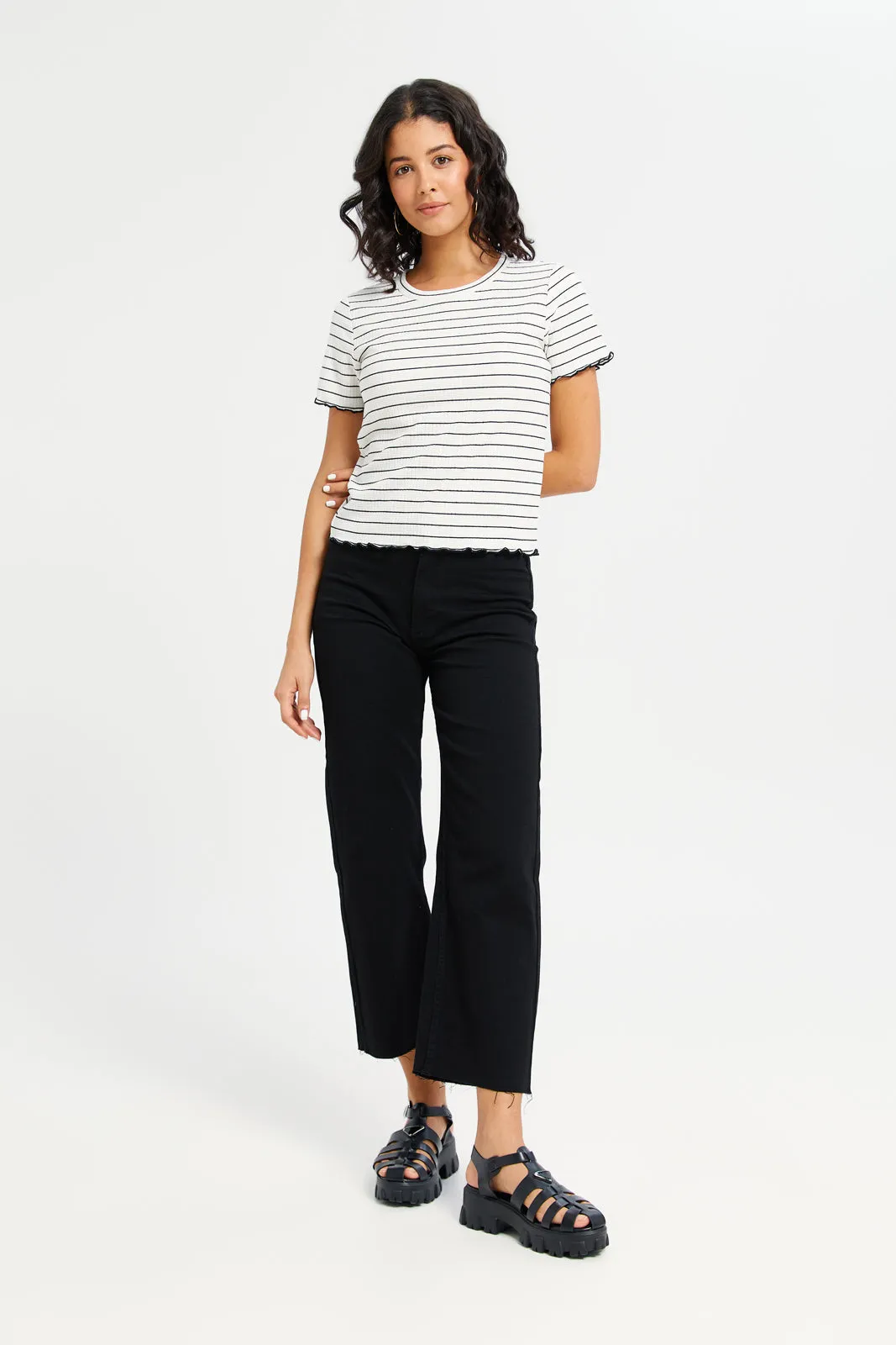 Women White Stripe Rib T-Shirt